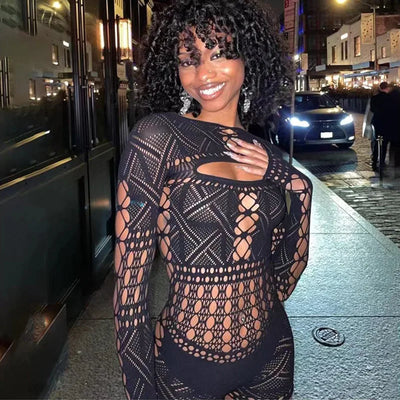 Black Cutout Fishnet Rave Bodysuit