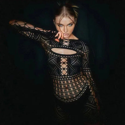 Black Cutout Fishnet Rave Bodysuit