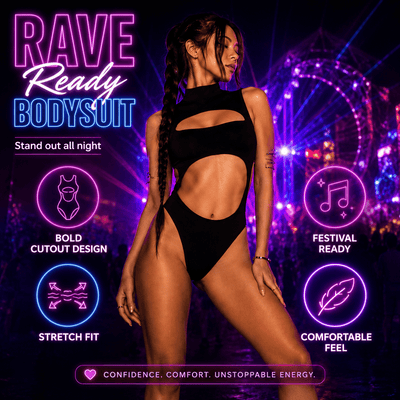 Black Cut-Out Rave Bodysuit – Festival Statement Outfit -Rave Bodysuits -Rave Mates