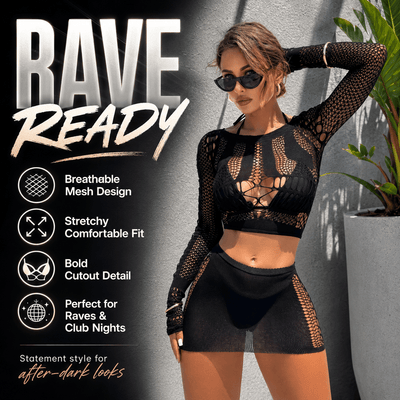 Black Mesh Rave Set – Long Sleeve Crop Top & Mini Skirt -Women's Rave Outfits -Rave Mates
