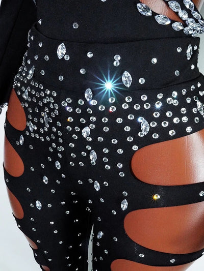 Black Rhinestone Cut-Out Rave Bodysuit -Rave Bodysuits -Rave Mates