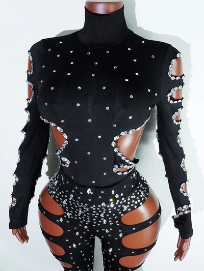 Black Rhinestone Cut-Out Rave Bodysuit -Rave Bodysuits -Rave Mates