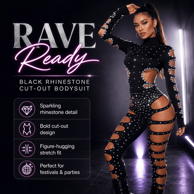Black Rhinestone Cut-Out Rave Bodysuit -Rave Bodysuits -Rave Mates