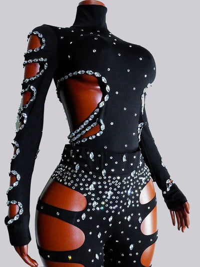 Black Rhinestone Cut-Out Rave Bodysuit -Rave Bodysuits -Rave Mates