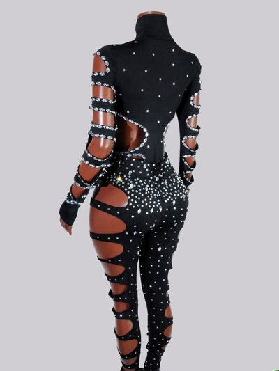 Black Rhinestone Cut-Out Rave Bodysuit -Rave Bodysuits -Rave Mates