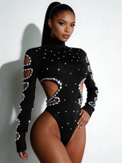 Black Rhinestone Cut-Out Rave Bodysuit -Rave Bodysuits -Rave Mates