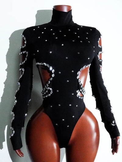 Black Rhinestone Cut-Out Rave Bodysuit -Rave Bodysuits -Rave Mates