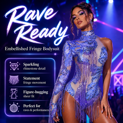Embellished Fringe Rave Bodysuit – Sparkle Festival Outfit -Rave Bodysuits -Rave Mates