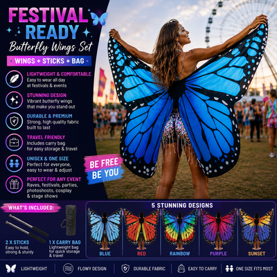 Festival Butterfly Wings Set – Wings, Sticks & Carry Bag -Rave Outfit Addons -Rave Mates