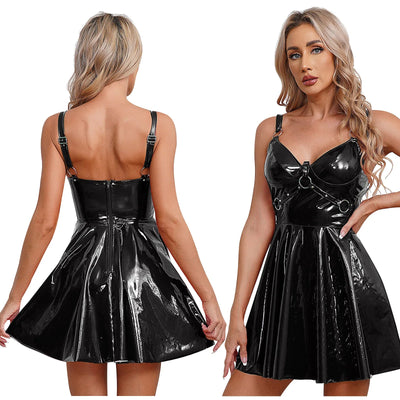Glossy Patent Leather Rave Mini Dress -Women's Rave Outfits -Rave Mates