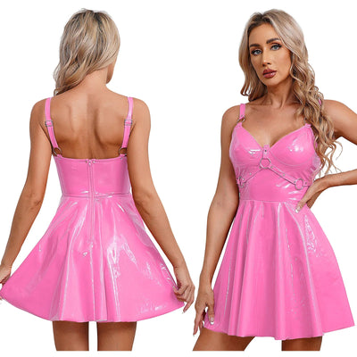 Glossy Patent Leather Rave Mini Dress -Women's Rave Outfits -Rave Mates