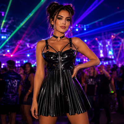 Glossy Patent Leather Rave Mini Dress -Women's Rave Outfits -Rave Mates