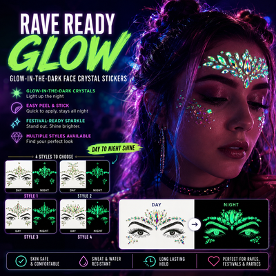 Glow In The Dark Face Crystal Stickers – Rave Festival Gems -Rave Outfit Addons -Rave Mates