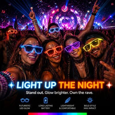 Glowing LED Festival Glasses – Neon Light-Up Rave & Party Sunglasses -Rave Glasses -Rave Mates