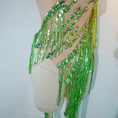 Green Crystal Fringe Rave Bodysuit – Festival Statement Outfit -Rave Bodysuits -Rave Mates