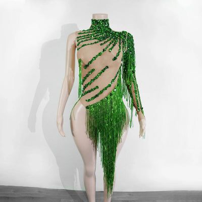 Green Crystal Fringe Rave Bodysuit – Festival Statement Outfit -Rave Bodysuits -Rave Mates