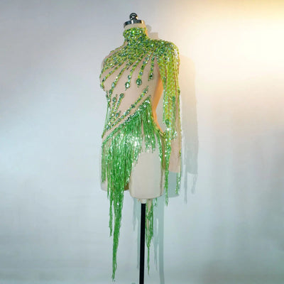 Green Crystal Fringe Rave Bodysuit – Festival Statement Outfit -Rave Bodysuits -Rave Mates