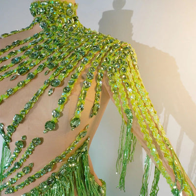 Green Crystal Fringe Rave Bodysuit – Festival Statement Outfit -Rave Bodysuits -Rave Mates