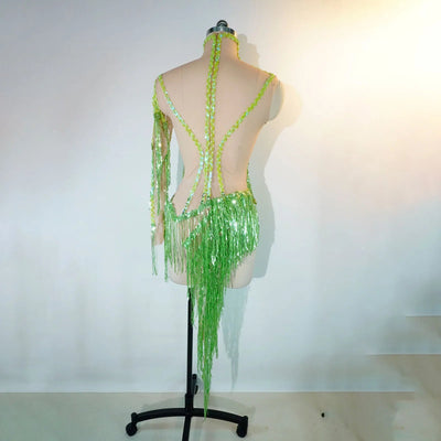 Green Crystal Fringe Rave Bodysuit – Festival Statement Outfit -Rave Bodysuits -Rave Mates
