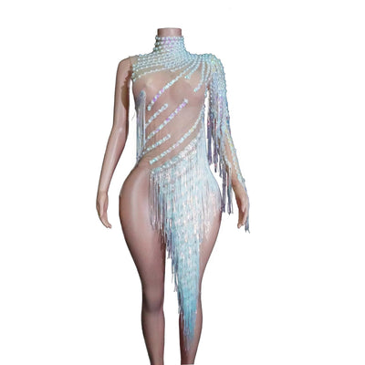 Green Crystal Fringe Rave Bodysuit – Festival Statement Outfit -Rave Bodysuits -Rave Mates