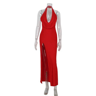 Halter Cowl Neck High Slit Maxi Dress – Red & Black -Going Out Dresses -Rave Mates