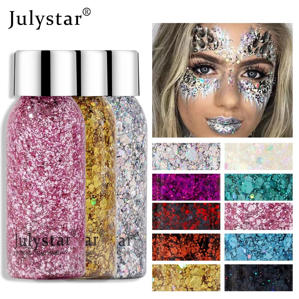 Julystar Face & Body Glitter Gel – Rave Festival Makeup -Rave Outfit Addons -Rave Mates