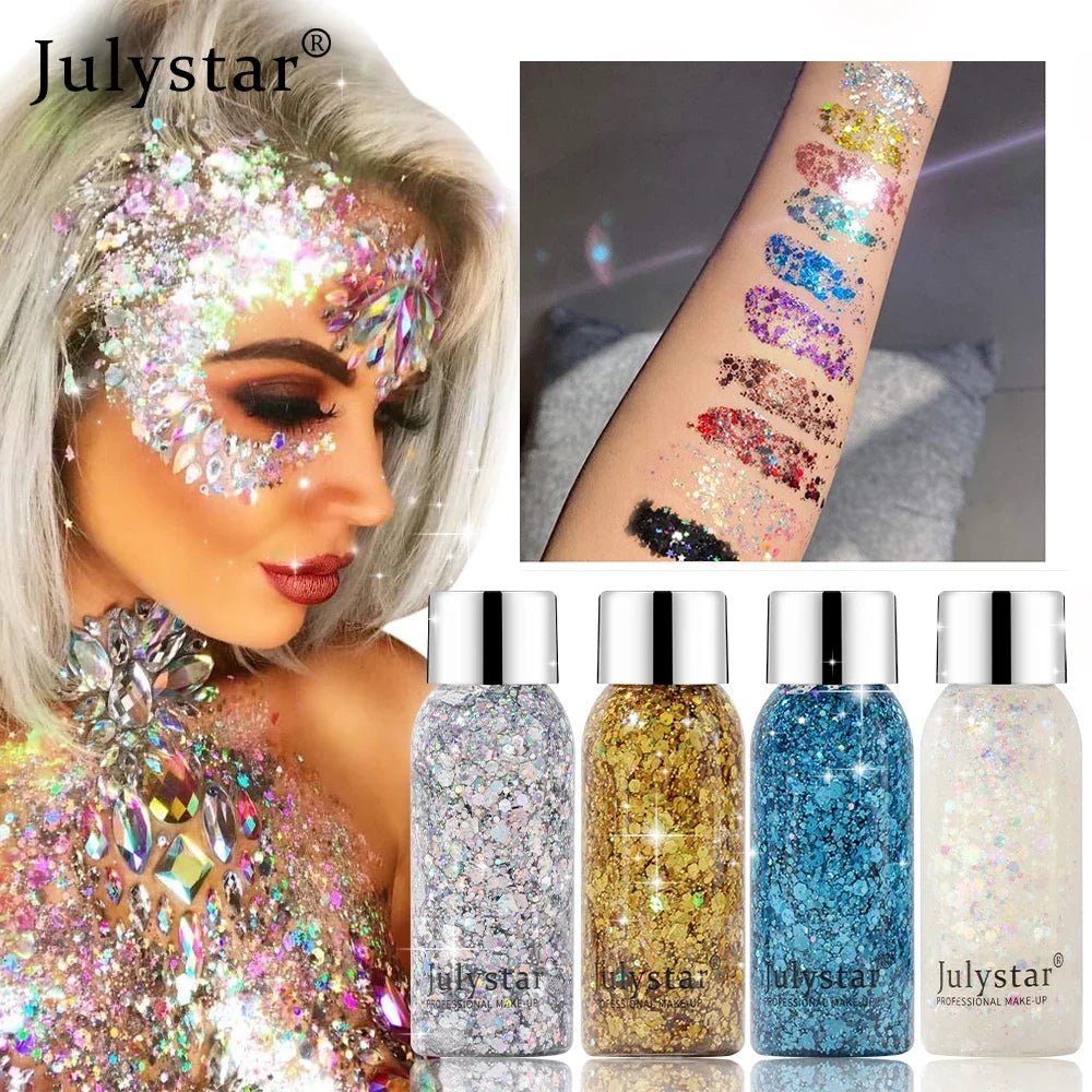 Julystar Face & Body Glitter Gel – Rave Festival Makeup -Rave Outfit Addons -Rave Mates