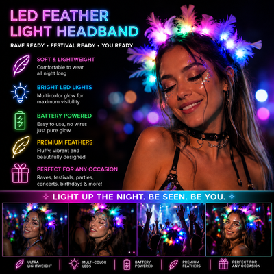 LED Feather Light Headband – Rave & Festival Hair Accessory 10pcs -LED Lights -Rave Mates