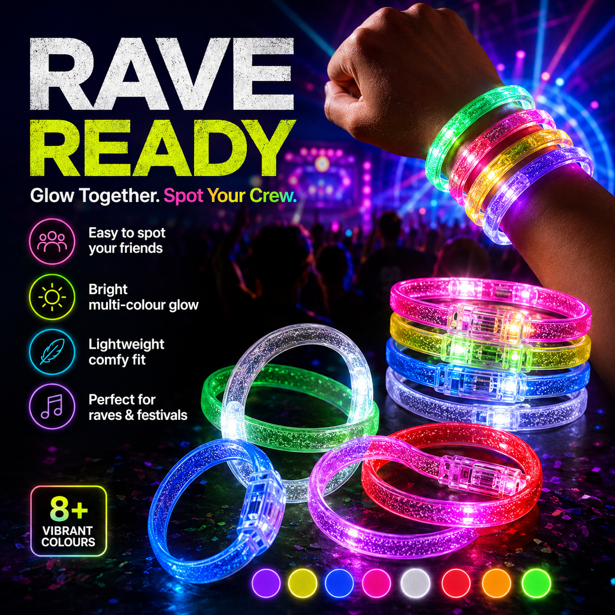 LED Glow Bracelets – 7 Colour Rave Party Wristbands -Rave Outfit Addons -Rave Mates