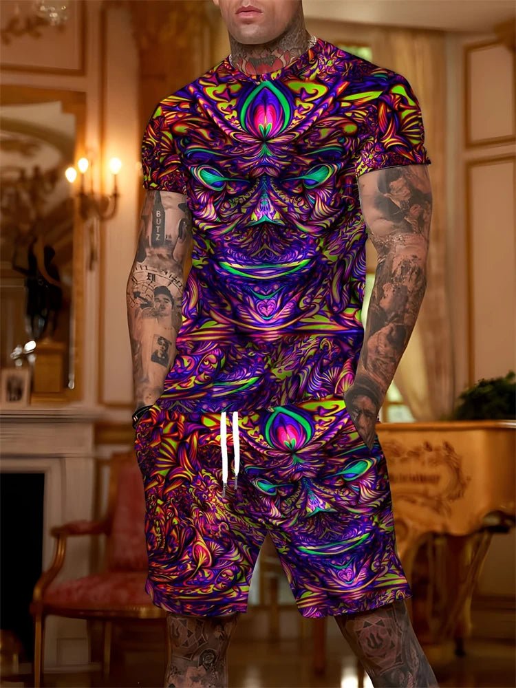 Men’s Psychedelic Rave Set – T-Shirt & Shorts Outfit -Man's Rave Outfits -Rave Mates