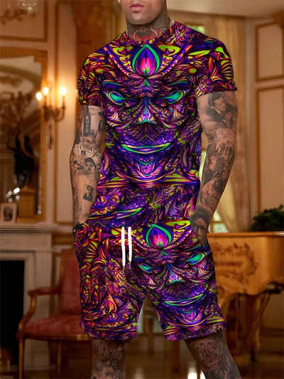 Men’s Psychedelic Rave Set – T-Shirt & Shorts Outfit -Man's Rave Outfits -Rave Mates