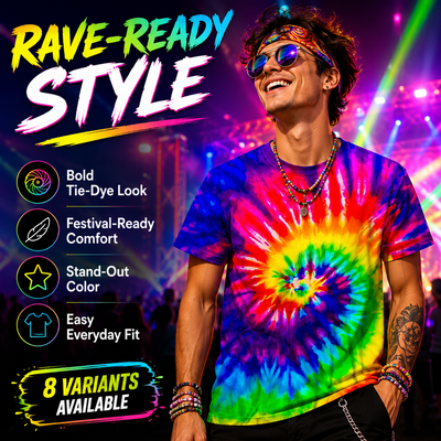 Men’s Tie-Dye Rave T-Shirt - 8 Colourful Designs -Man's Rave Outfits -Rave Mates