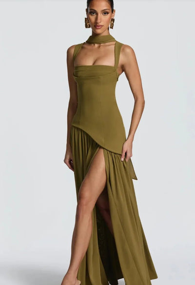 Olive Green Scarf Neck Maxi Dress – Going Out Ready -Going Out Dresses -Rave Mates