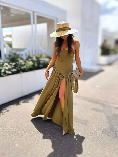 Olive Green Scarf Neck Maxi Dress – Going Out Ready -Going Out Dresses -Rave Mates