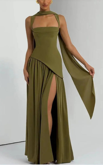 Olive Green Scarf Neck Maxi Dress – Going Out Ready -Going Out Dresses -Rave Mates