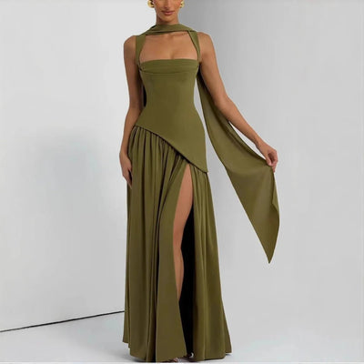 Olive Green Scarf Neck Maxi Dress – Going Out Ready -Going Out Dresses -Rave Mates