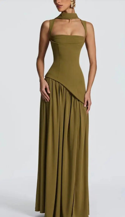 Olive Green Scarf Neck Maxi Dress – Going Out Ready -Going Out Dresses -Rave Mates