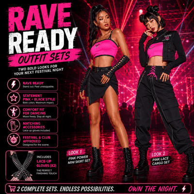 Pink & Black Rave Outfit Set – Skirt or Cargo Pants Look -Rave Costumes -Rave Mates