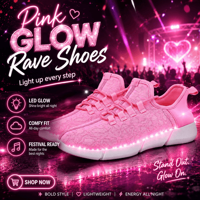 Pink LED Glow Rave Shoes – Light-Up Festival Sneaker size 25-46 -Rave Shoes -Rave Mates