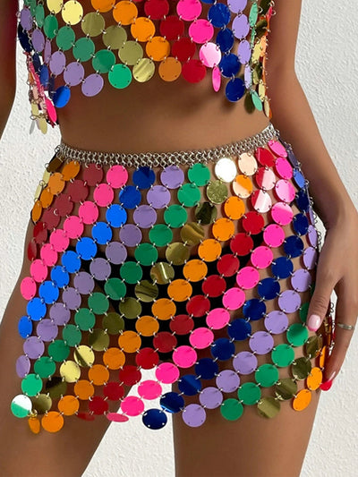 Rainbow Sequin Rave Outfit – Crop Top & Skirt Set -Women's Rave Outfits -Rave Mates