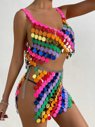 Rainbow Sequin Rave Outfit – Crop Top & Skirt Set -Women's Rave Outfits -Rave Mates