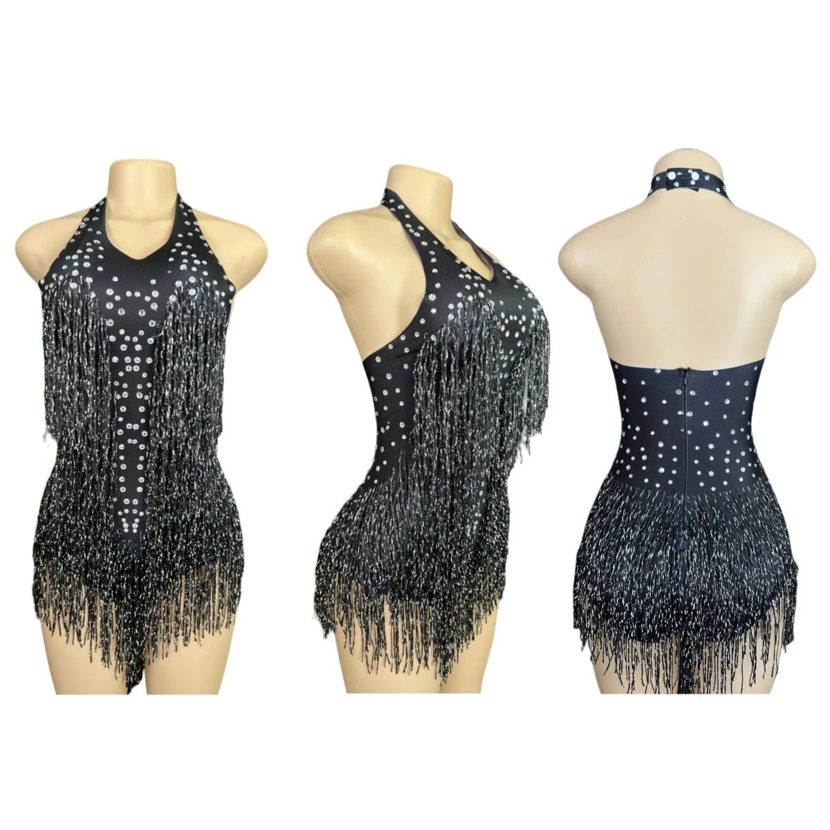 Rhinestone Fringe Rave Bodysuit – Halter Festival Costume -Rave Bodysuits -Rave Mates