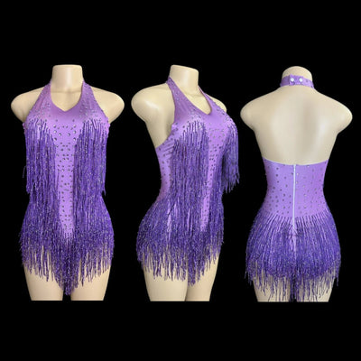 Rhinestone Fringe Rave Bodysuit – Halter Festival Costume -Rave Bodysuits -Rave Mates