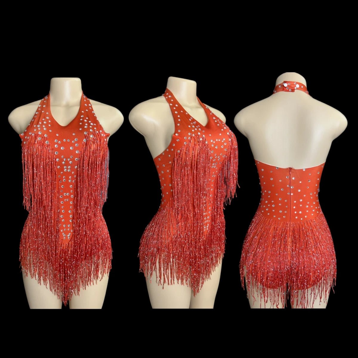 Rhinestone Fringe Rave Bodysuit – Halter Festival Costume -Rave Bodysuits -Rave Mates