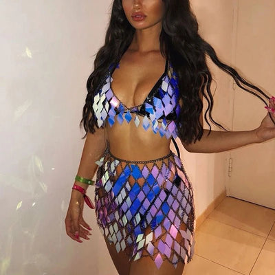 Sequin Festival Skirt Set – Halter Crop Top & Mini Skirt -Women's Rave Outfits -Rave Mates
