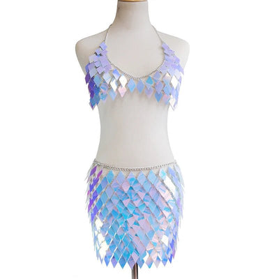Sequin Festival Skirt Set – Halter Crop Top & Mini Skirt -Women's Rave Outfits -Rave Mates