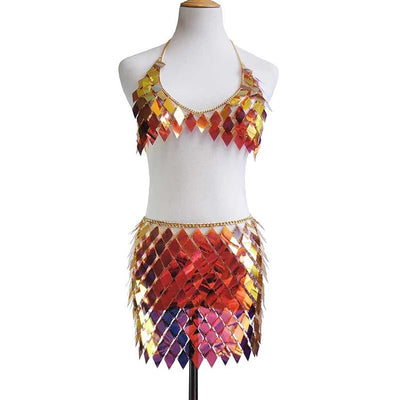 Sequin Festival Skirt Set – Halter Crop Top & Mini Skirt -Women's Rave Outfits -Rave Mates
