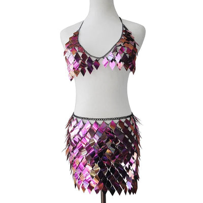 Sequin Festival Skirt Set – Halter Crop Top & Mini Skirt -Women's Rave Outfits -Rave Mates