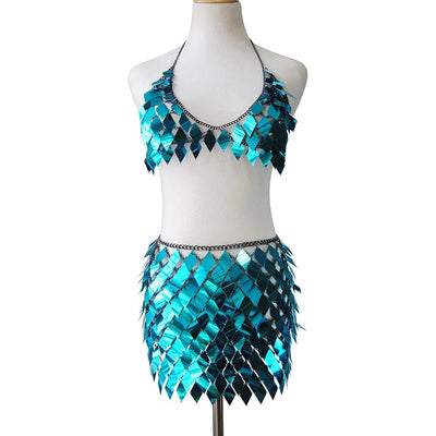 Sequin Festival Skirt Set – Halter Crop Top & Mini Skirt -Women's Rave Outfits -Rave Mates