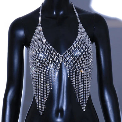 Silver Rhinestone Fringe Festival Halter Top -Rave Bras -Rave Mates
